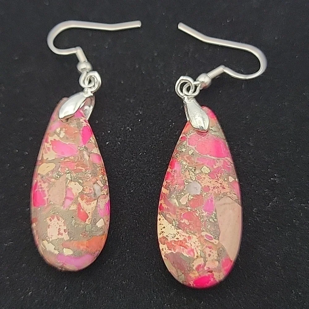 Ruby Orange Sea Sediment Jasper Pyrite Teardrop Pendant Earrings Gemstone - Picture 4 of 5